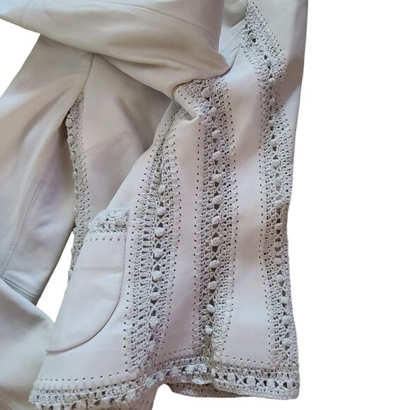 CATHERINE MALANDRINO Ivory Leather Jacket with Crochet Insets Women's Size P - Picture 9 of 14